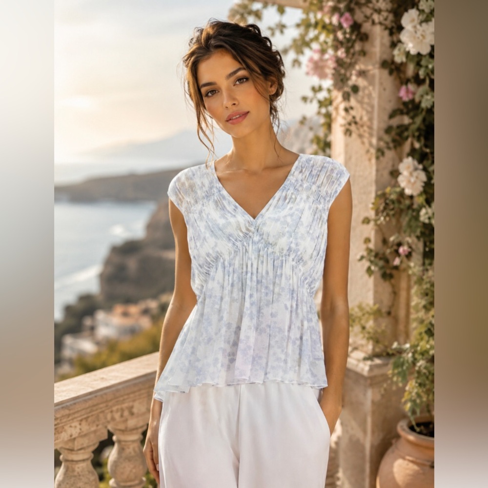 New THEORY Ruched Sleeveless Top In Floral 100% Silk